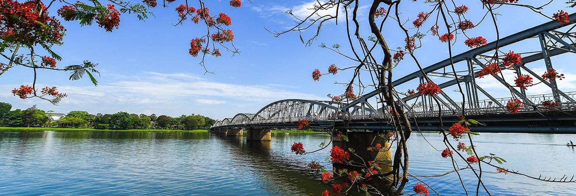 The Truong Tien Bridge elegantly spans the Perfume River in Hue, Vietnam, framed by vibrant red flowering trees